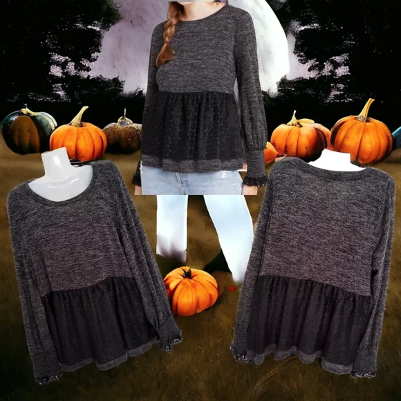 ANTHROPOLOGIE RO+DE Black/Gray Amirah Lace Long Smocked Cuff Sleeve Top XL - Picture 8 of 16